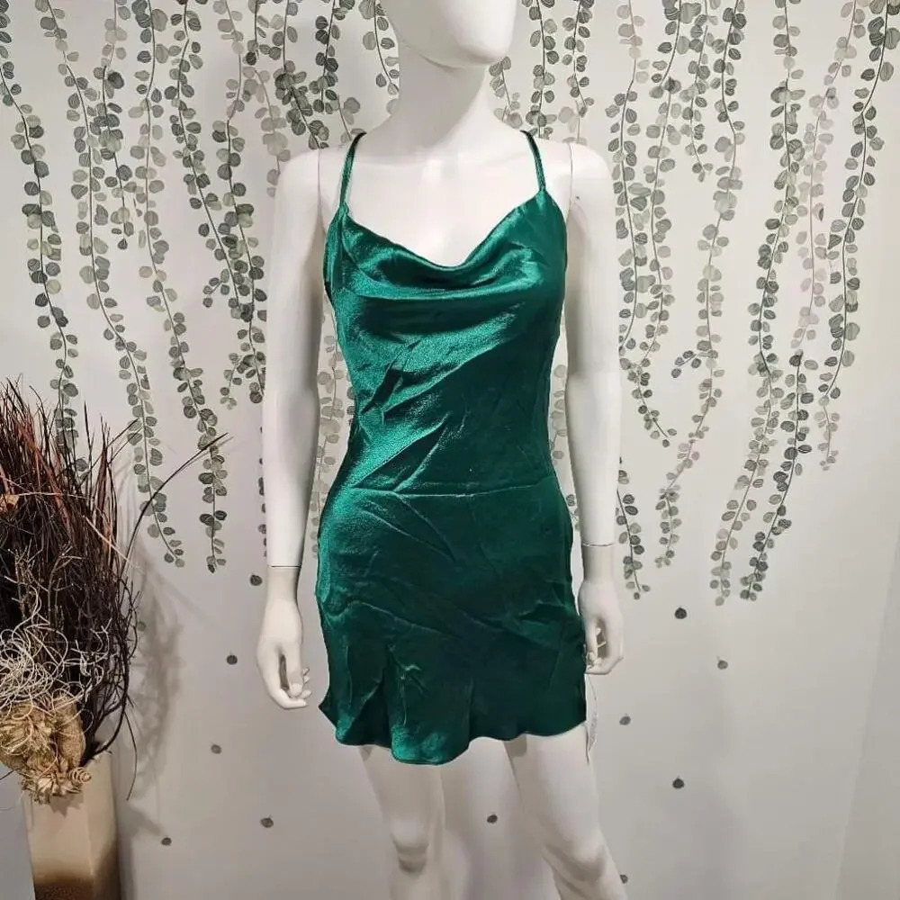 ASOS DESIGN cami mini slip dress in high shine satin with lace up back Sz 4